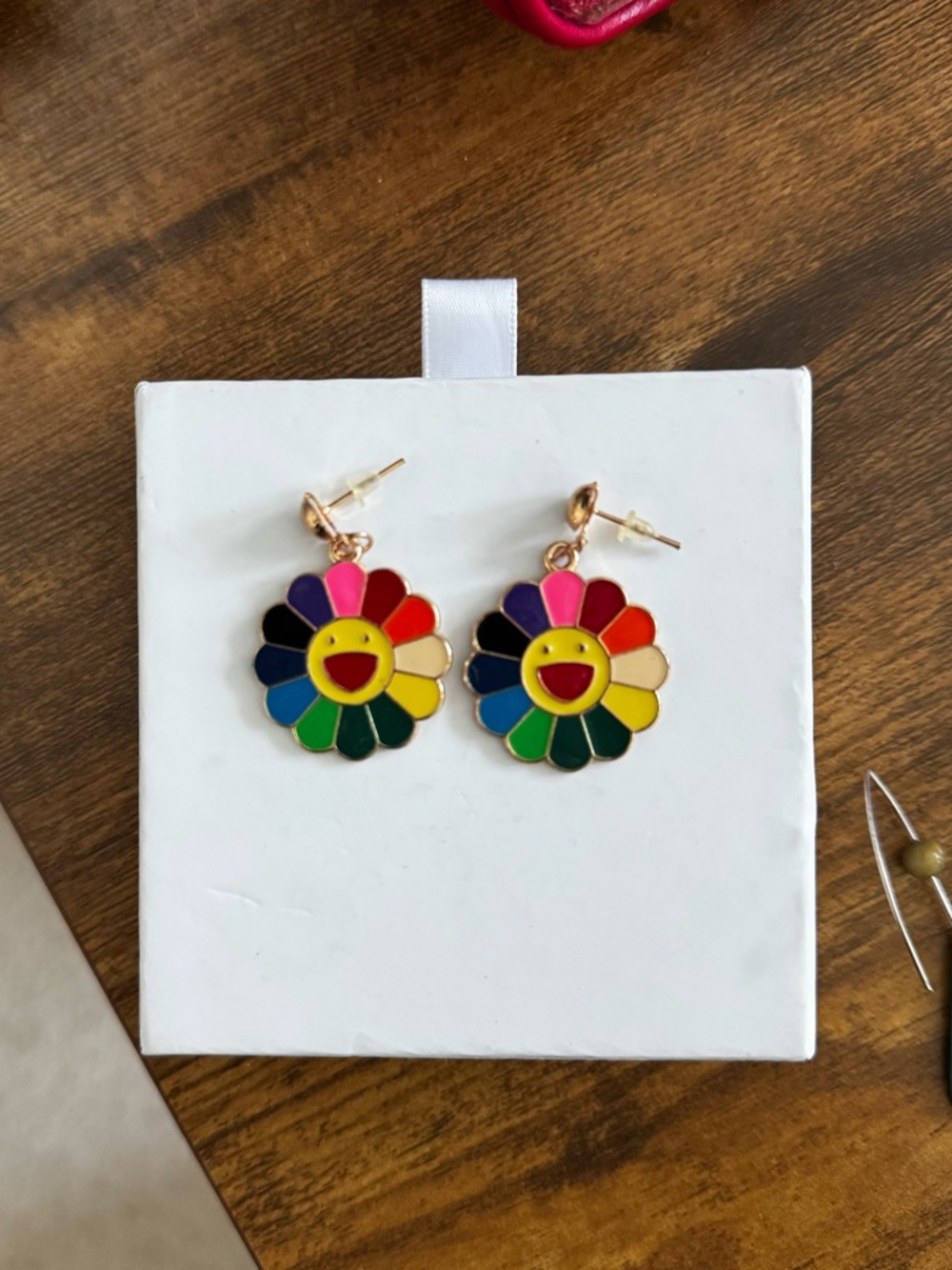 Murakami-Inspired Colorful Rainbow Smile Flower Drop Earrings 14k Gold Plated